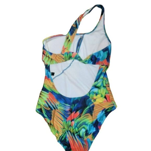 ABS BY ALLEN SCHWARTZ One Shoulder Hawaiian Tropical Swimsuit Women's Size 12 - Picture 2 of 4
